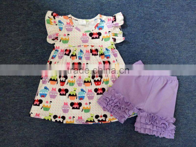 2017 Wholesale children's boutique clothing summer ruffle girl outfits wholesale icing ruffle shirt clothes sets