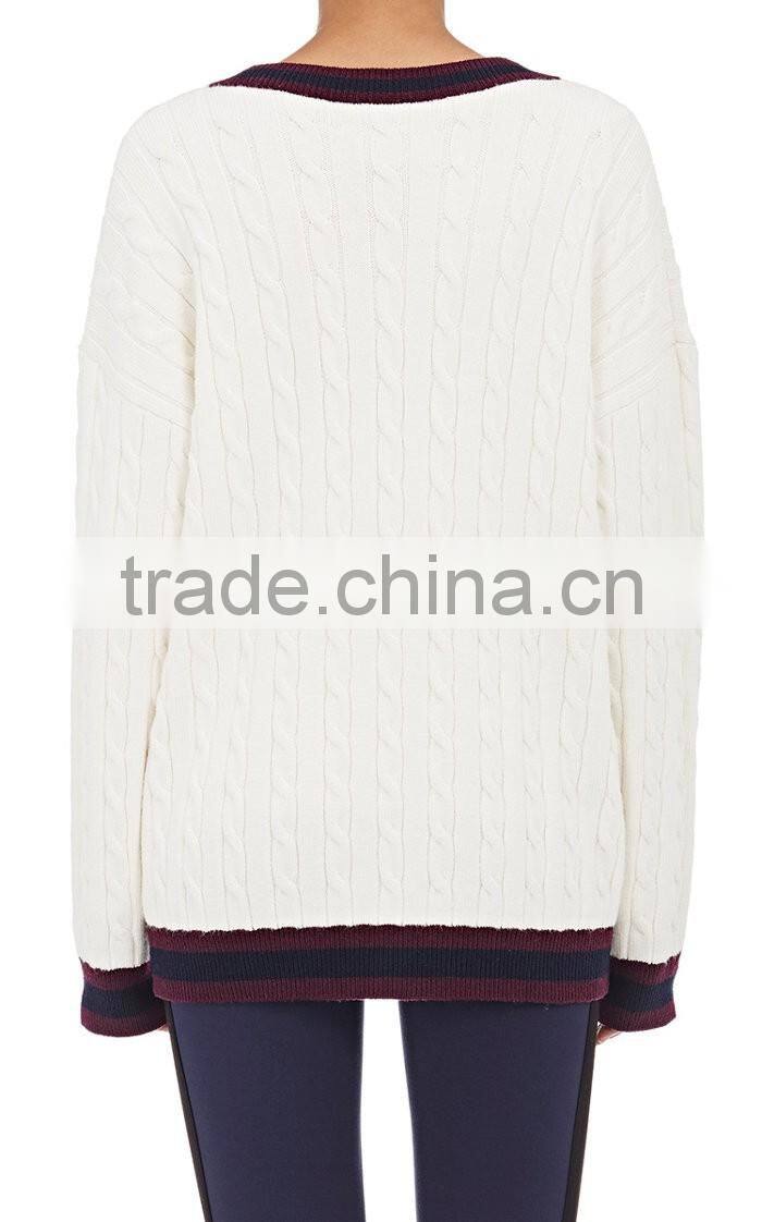 Wholesale Pure White V-Neck Rib-Knit Cashmere Women Sweater with Buttons Fastening and Slant Pockets