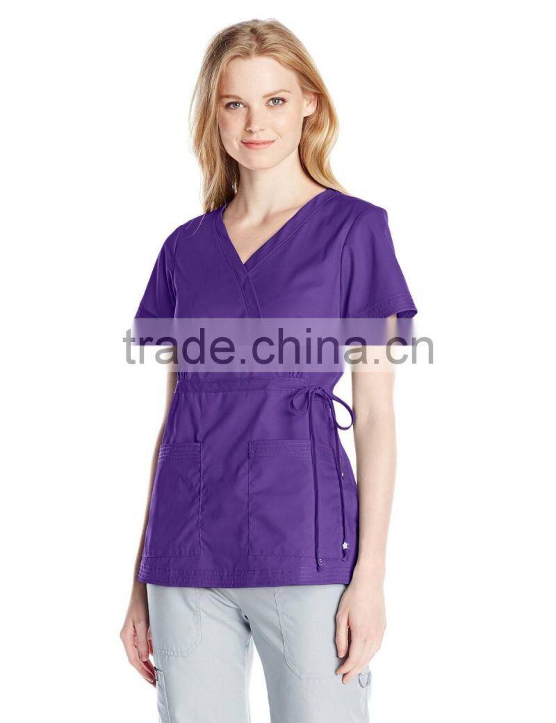 Women's Easy-Fit Mock-Wrap Scrub Shirt/Blouse Top with Adjustable Side Tie