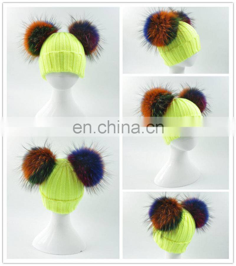 Wholesale Custom Colorful Double Poms Hat Winter Newest Cute Kids Hats Knitting Beanie Hat Kids