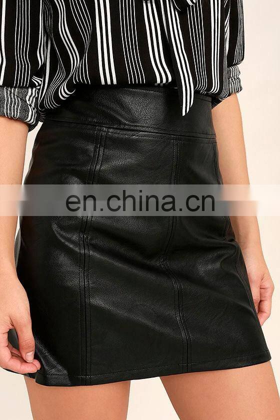 Women Clothing Supplier Black Synthetic Leather Pencil Skirt Classic Black Faux Leather Mini Skirt