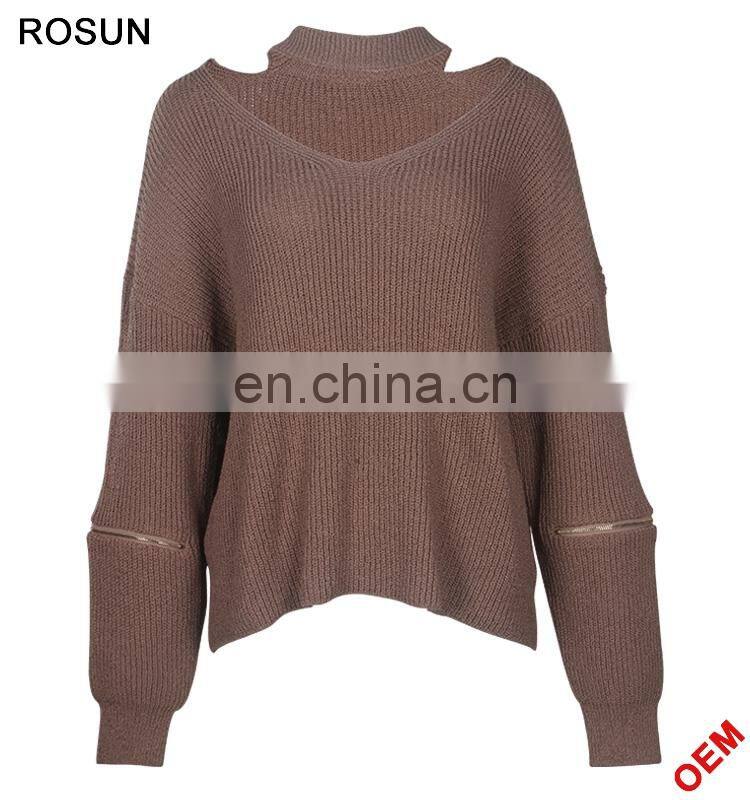 Knitwear Manufacturer Chocker Zip Sleeves Pullover Sweater for Woman