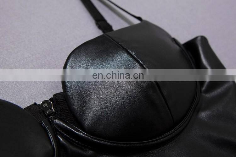 Amigo 2017 new design Black strap sexy leather crop top for big boobs women