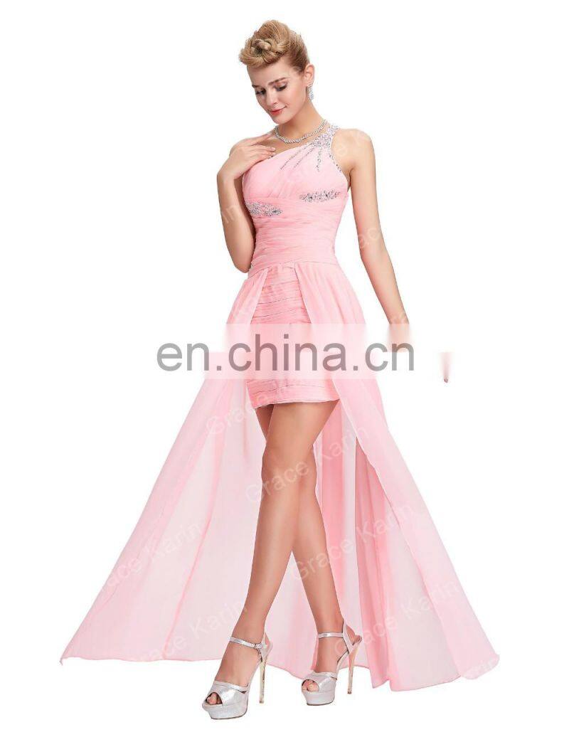 Grace Karin Short Front Long Back Chiffon One Shoulder Pink Prom Dress CL3828