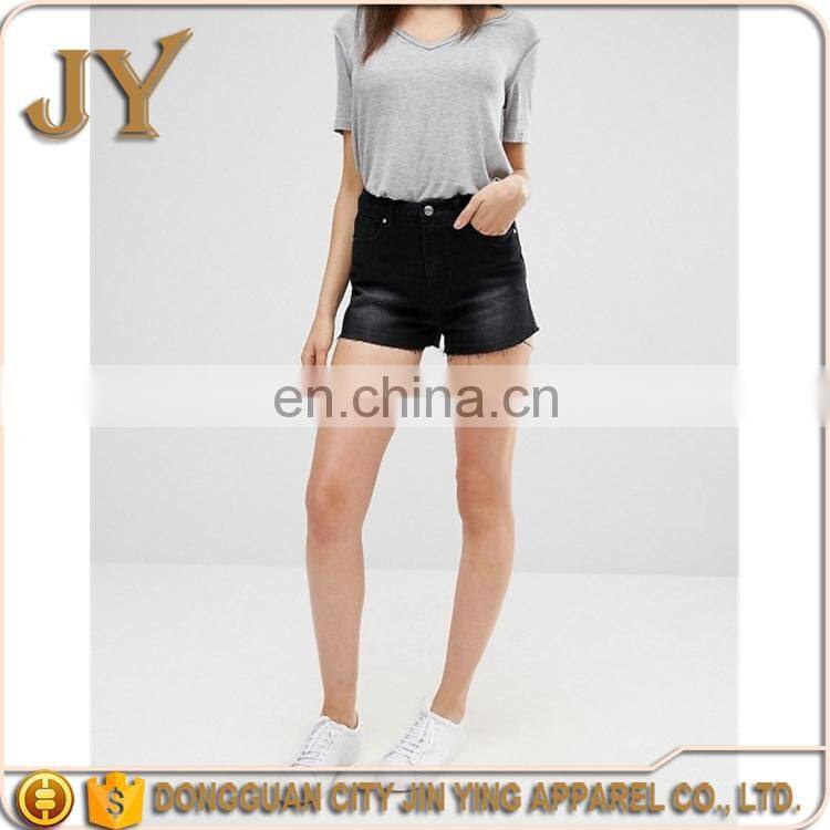 2016 China Factory New Design Washed Black High Waist Raw-cut Hem Shorts Summer Women Pants Clothings
