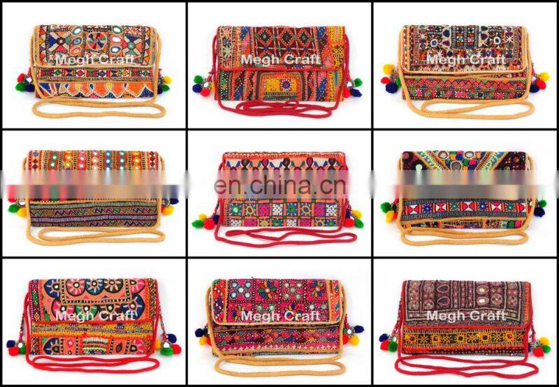 Designer hippie gypsy mirror work Leather tote bag- Designer Embroidered Mirror Work Leather tote Bag