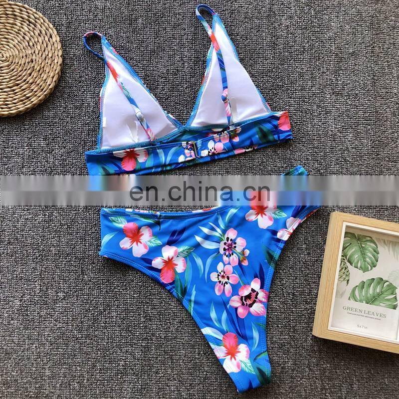 Floral Push Up Brazilian Bikinis Triangle High Cut Bikini Set High Waist Bathing suit Padded Swimwear Swimsuit Women Bodysuit