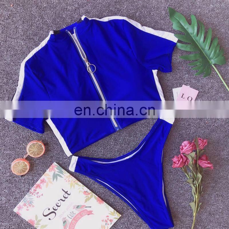 Seven-colour 2019 new high waist bikini deep v blue bikini zipper short sleeve women split 2 piece swimsuit fitness women A135