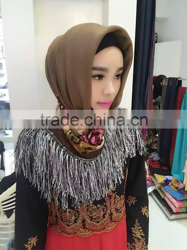 fashion islamic headscarf fringer print flower french cotton muslim square scarf for women