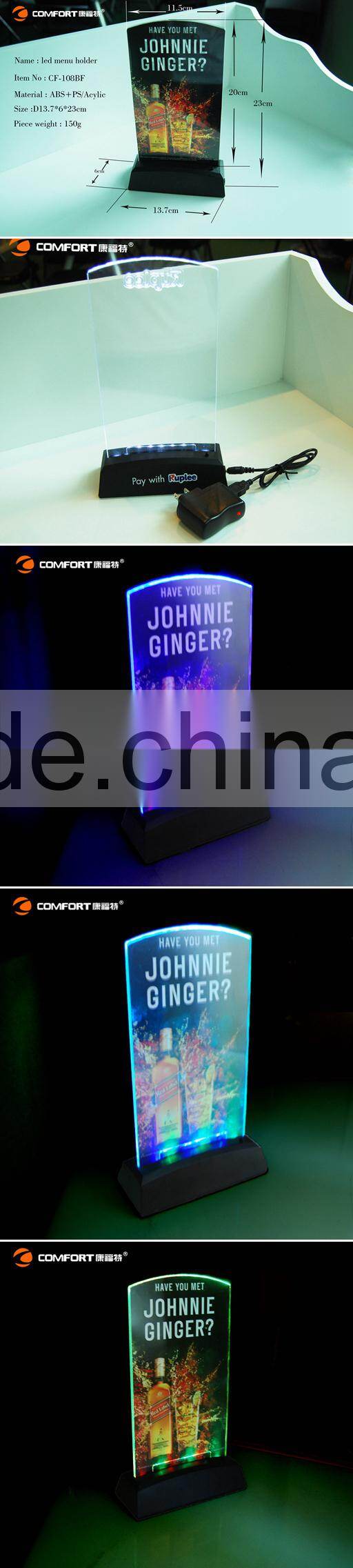 Customized vertical double sided stand up clear LED table tent menu holder manufacturer