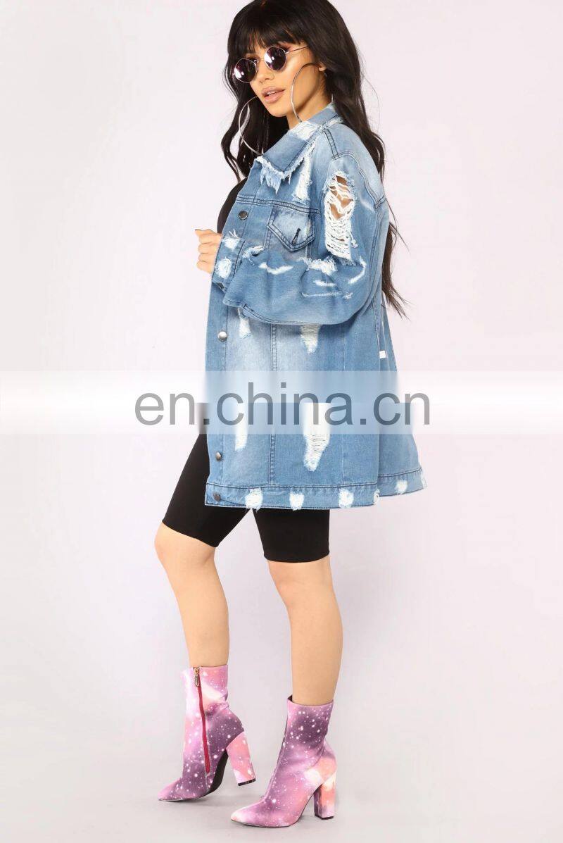 OEM custom hot sale print fall jackets women distress denim jean jacket for women