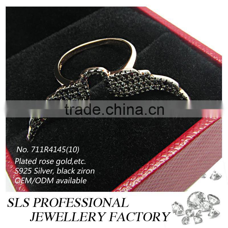 Cute for girls princess jewelry 925 silver black CZ micro paved finger rings with Angel wing