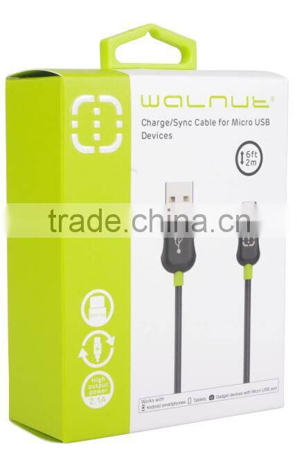 walnut 2m length black micro USB cable for universal phone