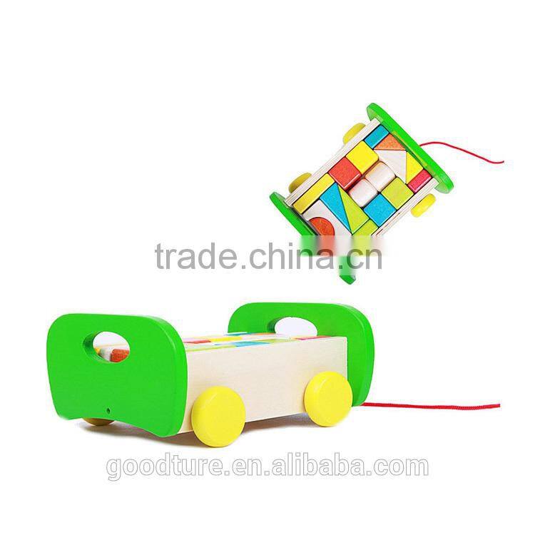 17pcs Beechwood Building Block Pulling Cart Wooden Block Cart