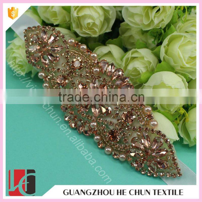 HC-7496-1 Hechun Good Quality Decorative Rose Gold Beaded Trim for Wedding Dress