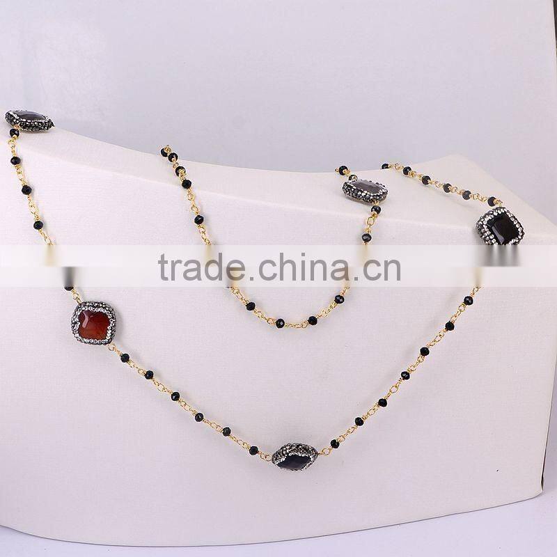 Pave Crystal Clover Druzy Agate Stone Necklace, Gold plated Wire Wrapped Beaded Rosary chain Black beads Necklace