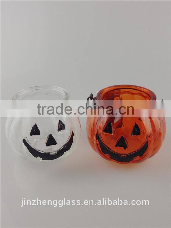 Halloween Glass Candle Holder, Pumpkin Glass Candlestick Wholesale
