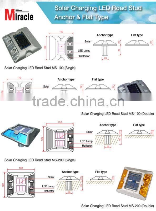 Solar Powered(Charging) LED & Reflector Road Stud(Cat Eyes / Pavement Marker) MS-200S(Single Side / 1000m Visibility)