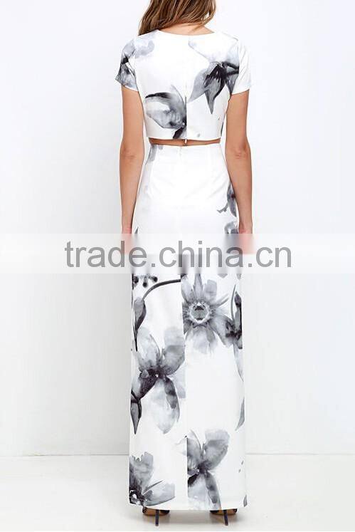 High split skirt with short sleeve crop top for ladies 2017 new fashion water printed floral two pieces sets