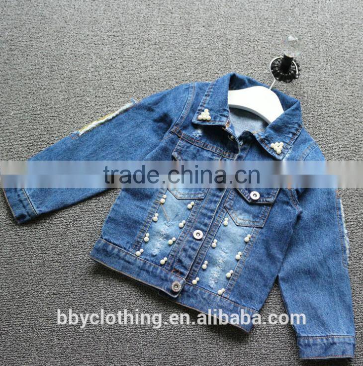 2016 new design fashion girls denim jacket with gold sequins sleeve