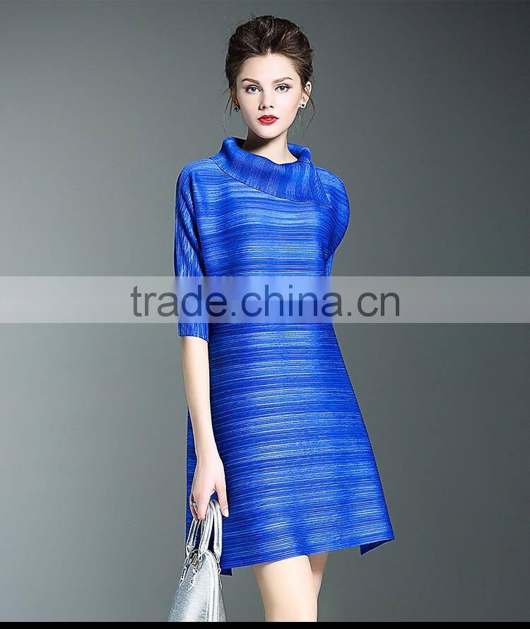 Women striated Polo neck casual pleated dresses