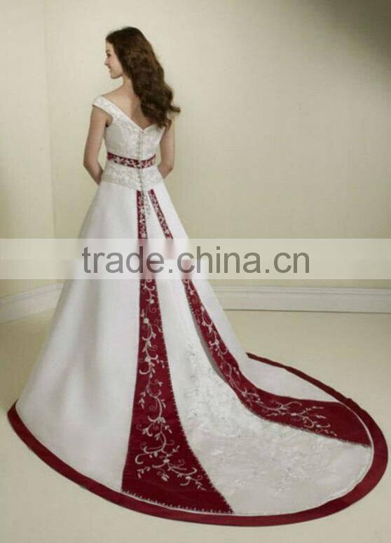 satin deep v neck long train red white wedding dress