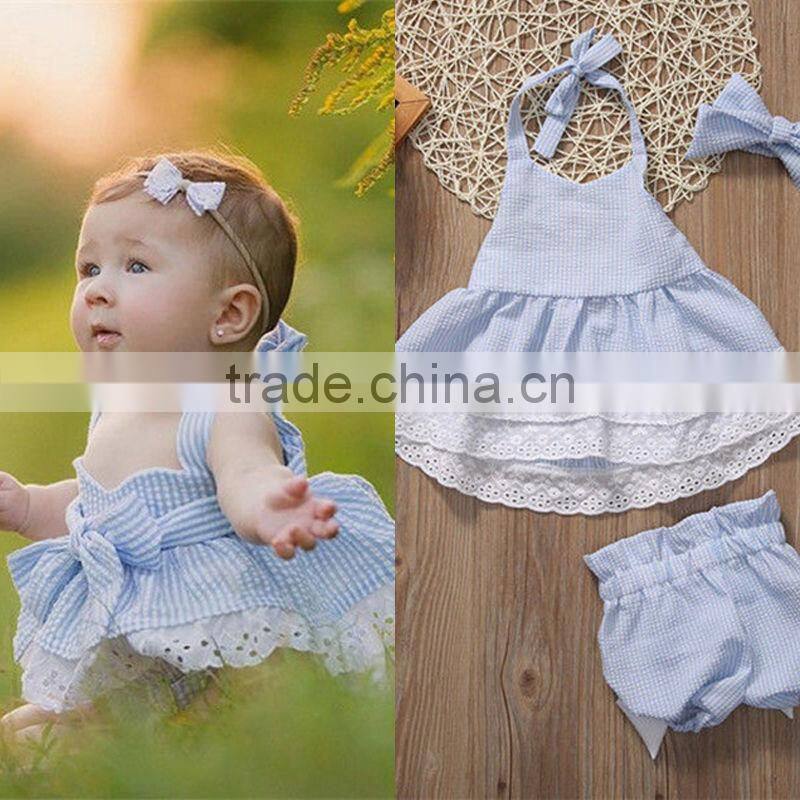 Hot sale wholesale baby clothes azure seersucker plaid organic cotton baby clothing set