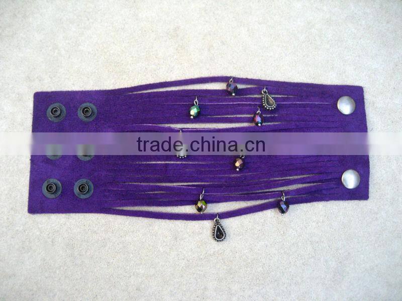 sliced leather bracelet, wide Leather Cuff - Charms Bracelet, Multi Strap Bracelet with peace and gun charms