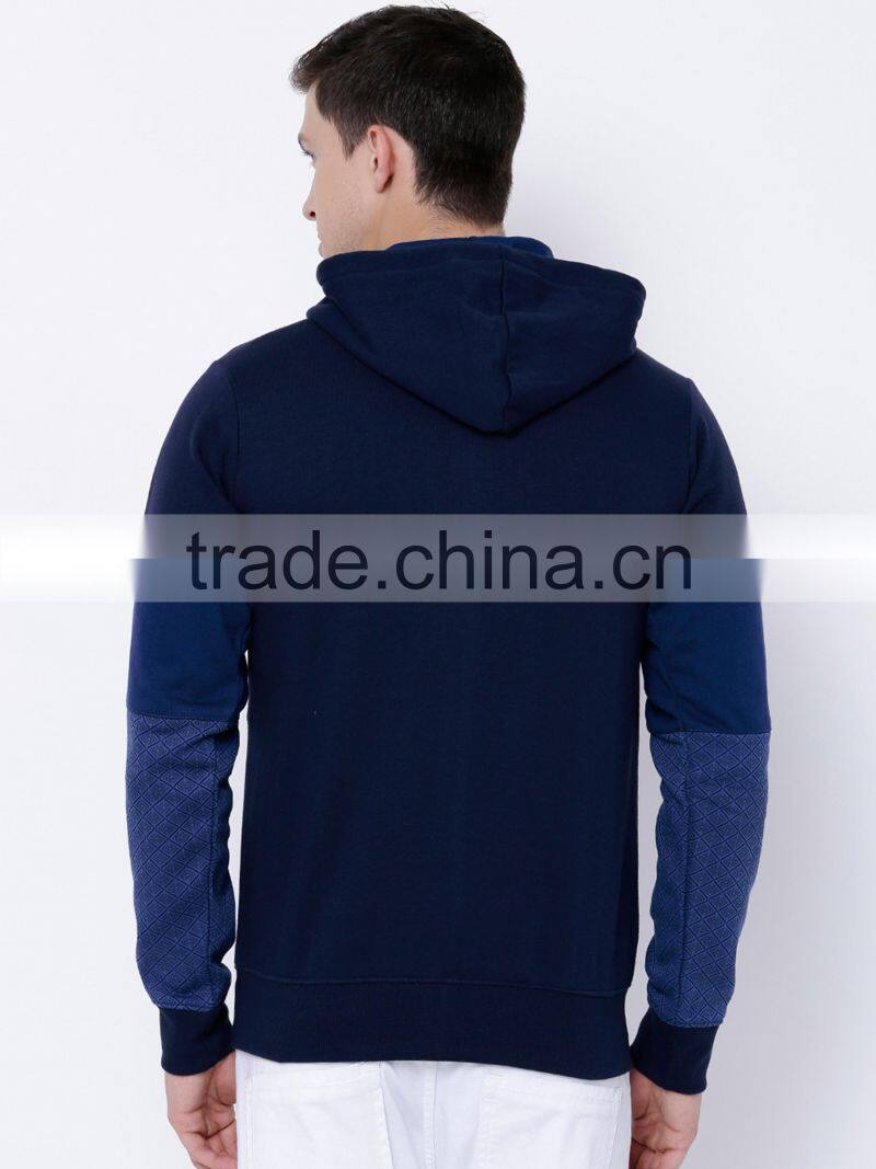 Men Blue Colourblocked Hooded Sweatshirt 2 Pockets Zip Closure Straight Hem Hoodies 100 Percent Cotton Soft Warm Comfort Sweater