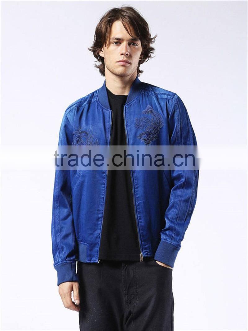 MGOO Foshan Factory Baseball Style Bomber Jackets Custom Embroidery Denim Jackets Zip Up Blue Long Sleeves Coat