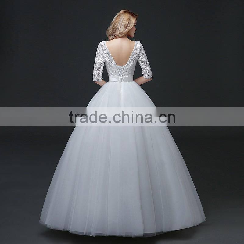 MGOO Custom Made Less 100 USD Tulle Lace Applique Wedding Dress Slash Neck 3/4 Sheer Neck Elegant Handmade