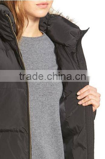Belt-cinched Waist Padding Quilting Womens Parka With Fur