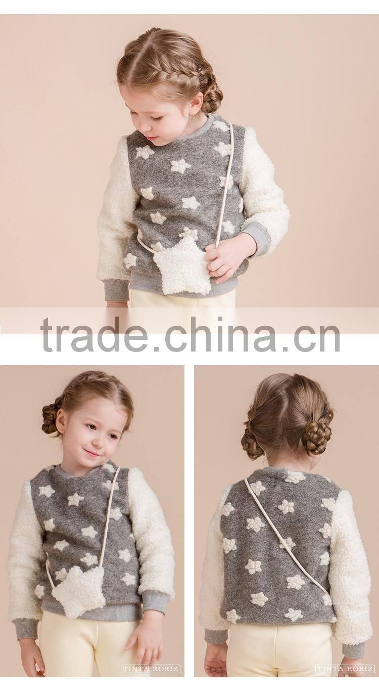 2017 Winter Girls Tweed Top Little Stars Jacquard Fleece t Shirt Designs For Children Long Sleeves Shirt