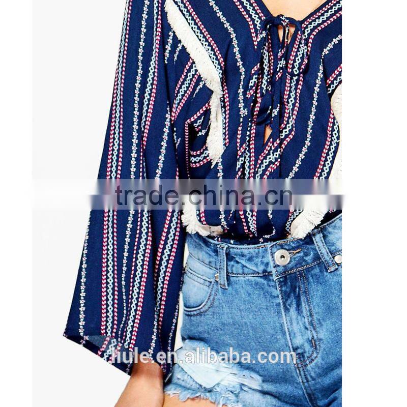 New fashion tassel trim lace up printed blouse women latest blouse