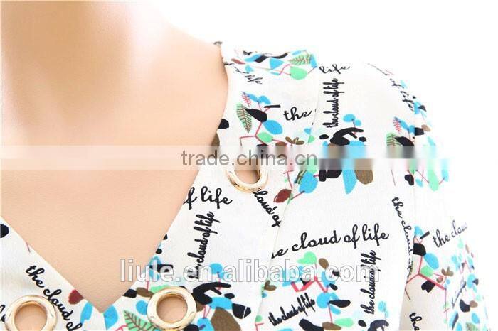 Ladies new summer fashionable printed V neck design long sleeve blouse
