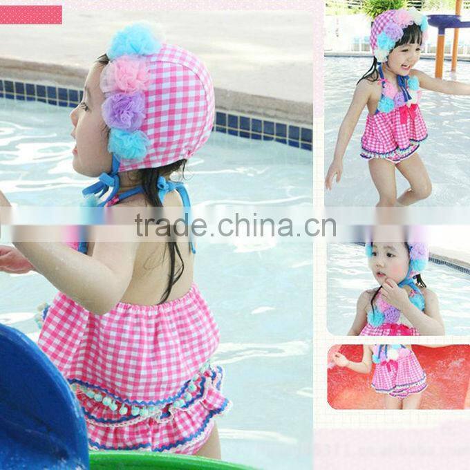 Fashion Kids Swimwear Child Flower Korea Style Cute Pink Summer Beach Bikinis With Hat PA And PU Bathing Suits SR40416-2