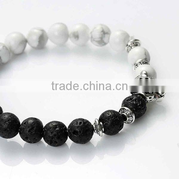 New Fashion Stone Beads Antique Silver Leopard Head Elastic Lava Beaded Healing Bracelet