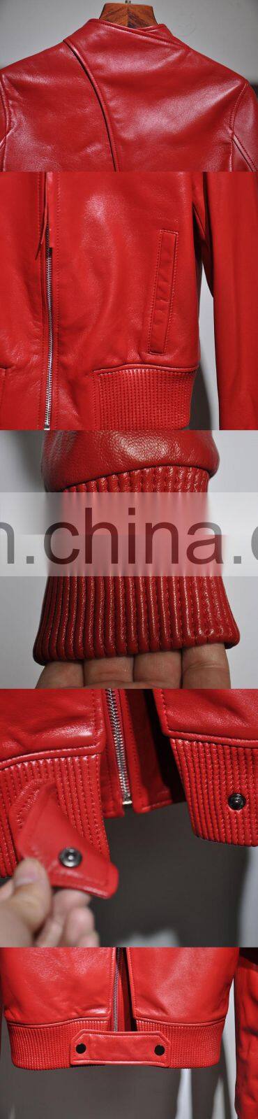 2017 Slim Red Leather Jacket Design Motorcycle Leather Ladies Short Jacket