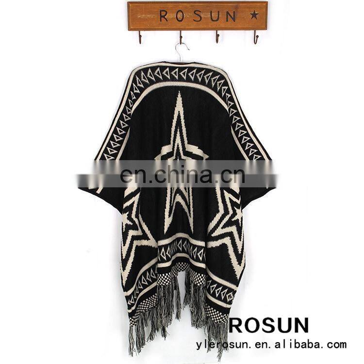 Black great star pattern woman cardigan shawl style with fringes crochet sweater pattern