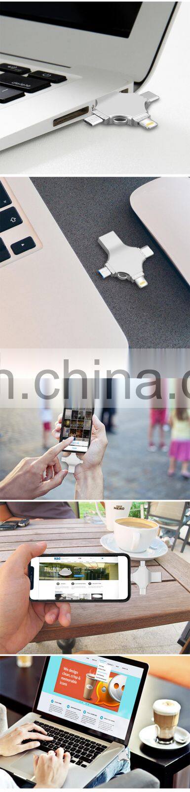 USB 2.0 Flash Drive Metal USB Memory Stick Drive FOUR Functions in One U Flash Disk for iPhone/iPad/android/PC