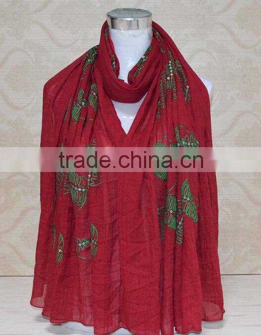 New Style Sequin Leaf Pattern Cotton Fashion Woman Embroidered Shawls