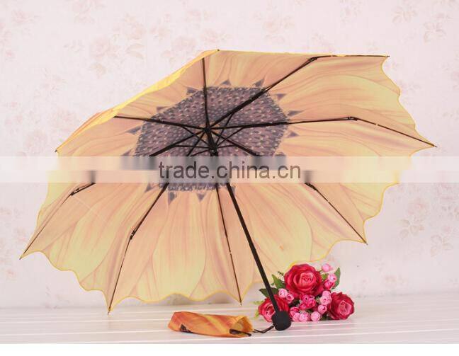 Unique design manual open 3 fold sunflower umbrella
