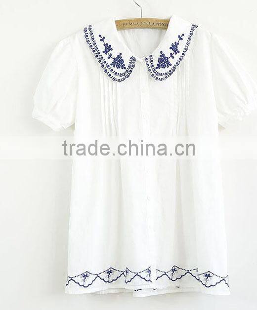 ladies cotton white shirt embroidery two layer collar short sleeve blouse