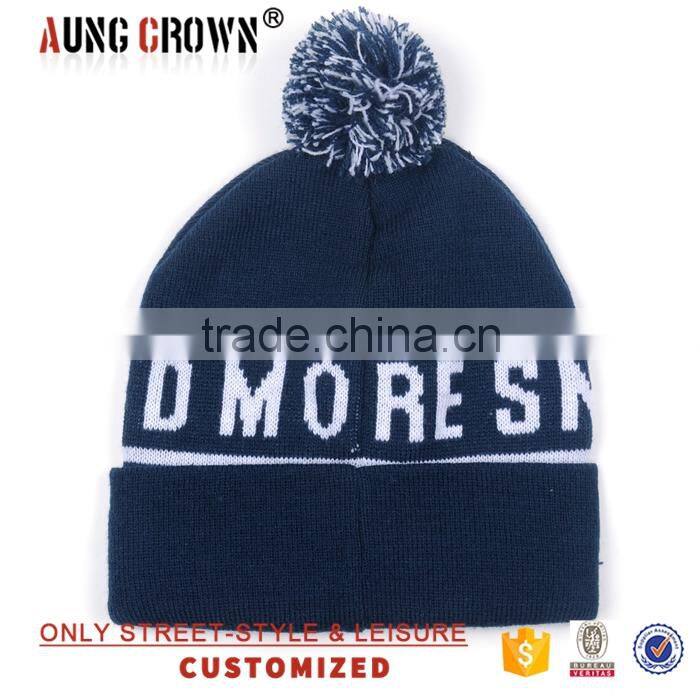 top quality custom knit beanie pom/top pom cuffed beanie/3d beanie