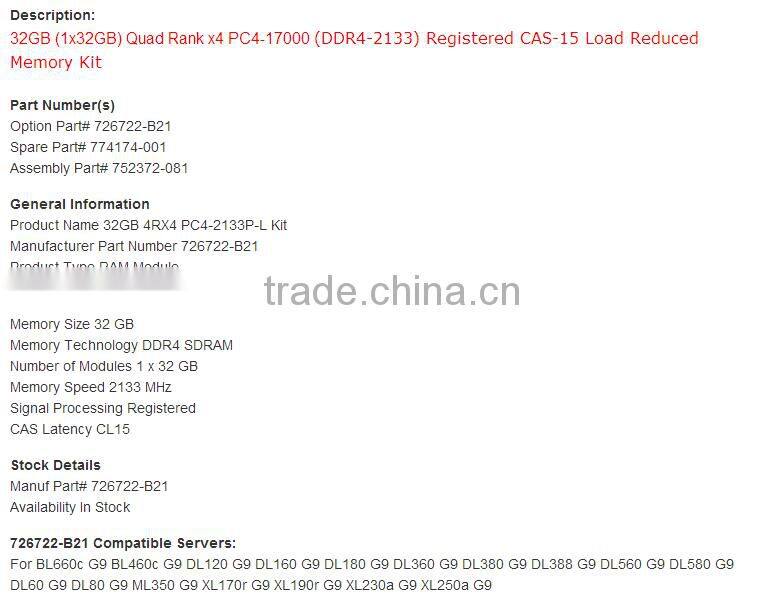 NEW 32GB 4RX4 PC4-2133P-L Kit Memory 726722-b21