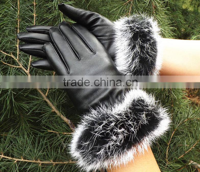 Korea Style Full Finger PU Material Winter Keep Warm and Velvet Cycle Gloves for Woman