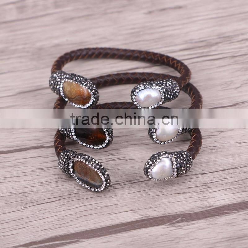 Natural Freshwater Pearl / Tiger Eye / Amethyst / Labradorite Stone Bangle Bracelet, Leather Cord DruzyJewelry Cuff Bangle