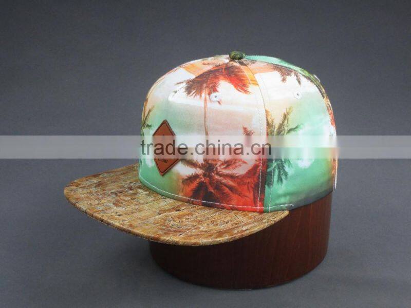 Heat transfer print 5-panel snapback cap with PU label