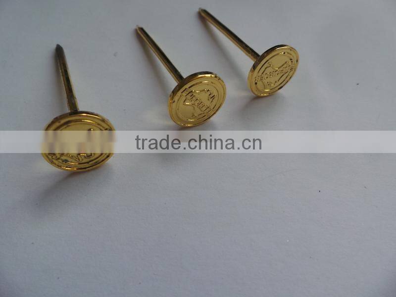 gold color metal nail pin,custom metal nail with logo embossed,metal lapel pin