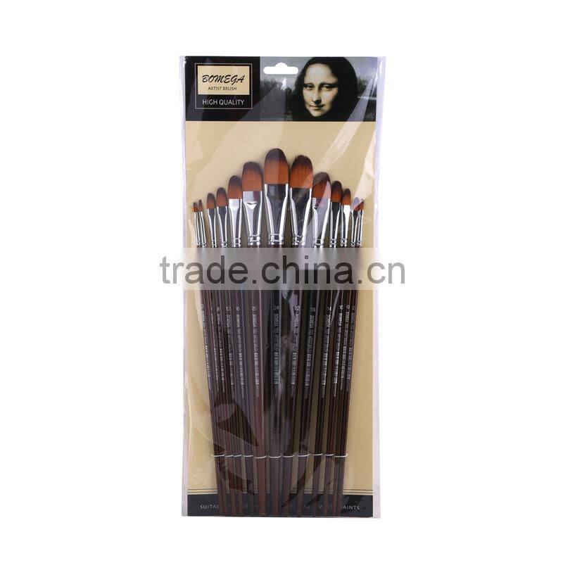 Bomega Professional Fine Art Brush Set Wholesale - 13 Pieces Golden Nylon Hair - Long Handle